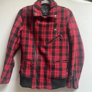 Hysteria Glamour wool blend Red and Black Plaid Moto Jacket Sz S